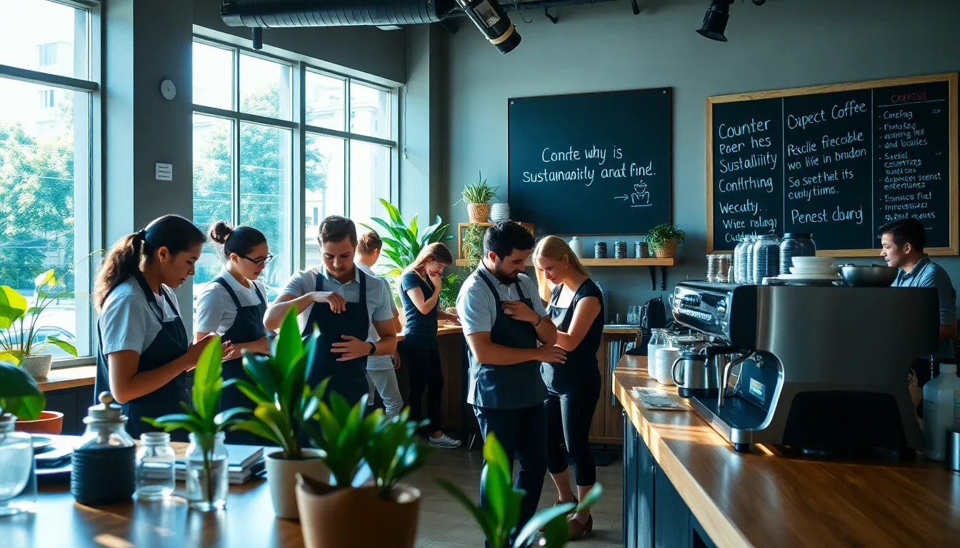 baristas in a modern coffee shop showcasing brewing techniques.