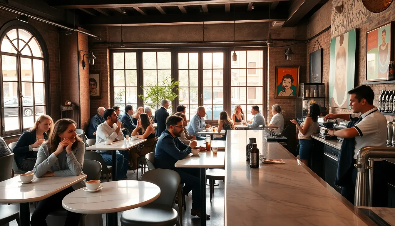diverse group enjoying coffee in a vibrant Italian café.