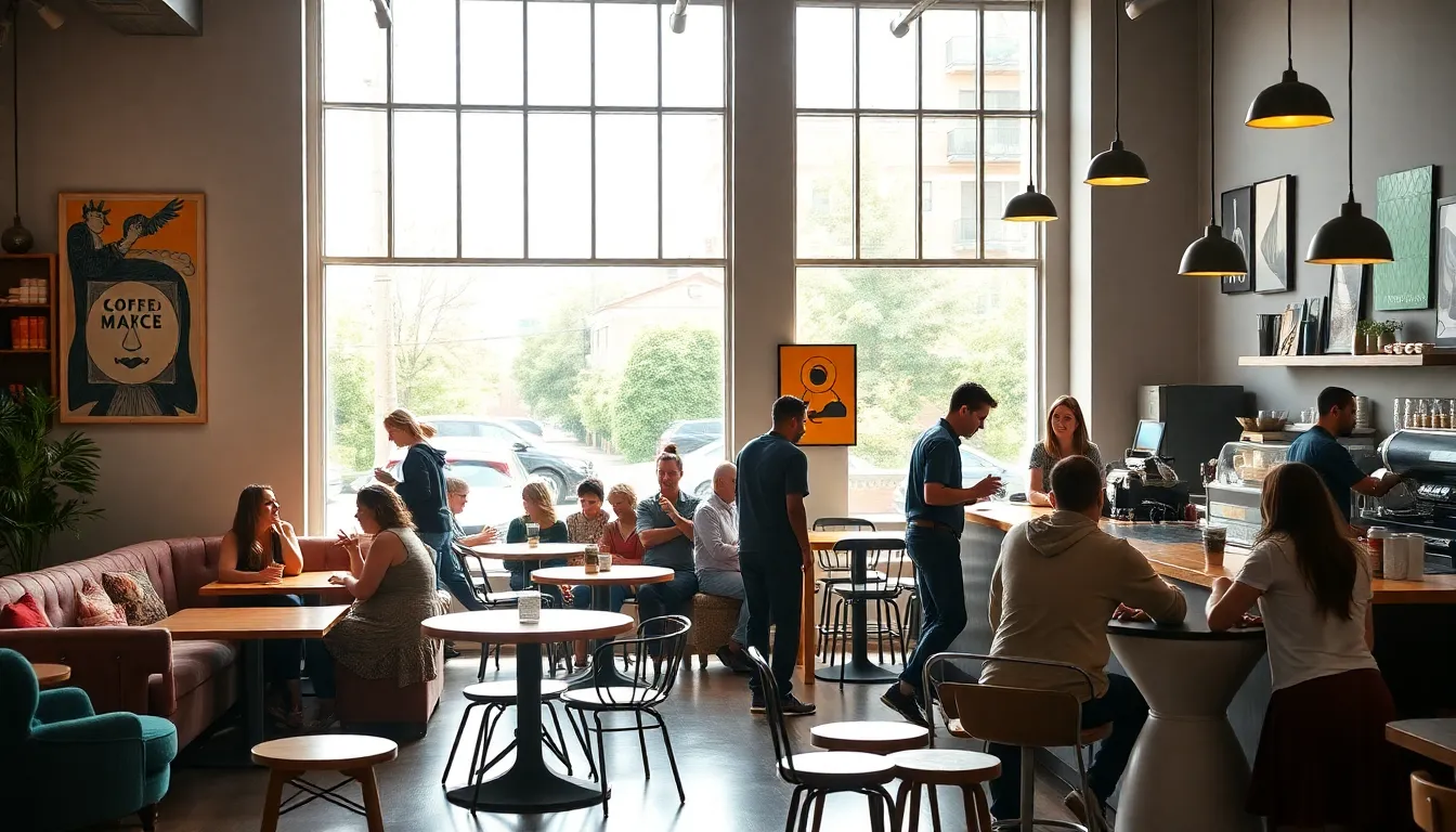 diverse patrons enjoying coffee in a modern Chattanooga cafe.