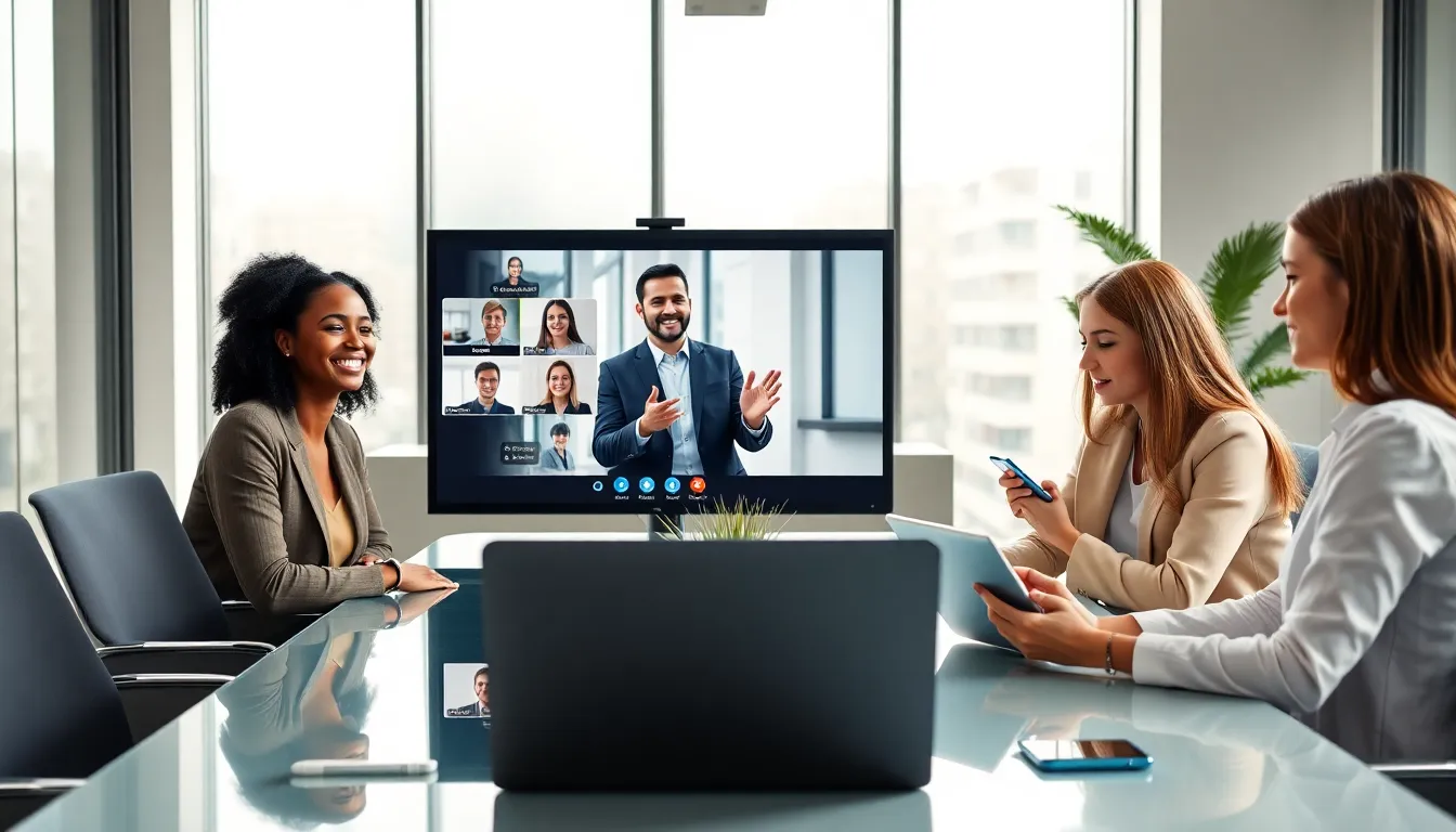professionals engaged in a video conference in a modern office.