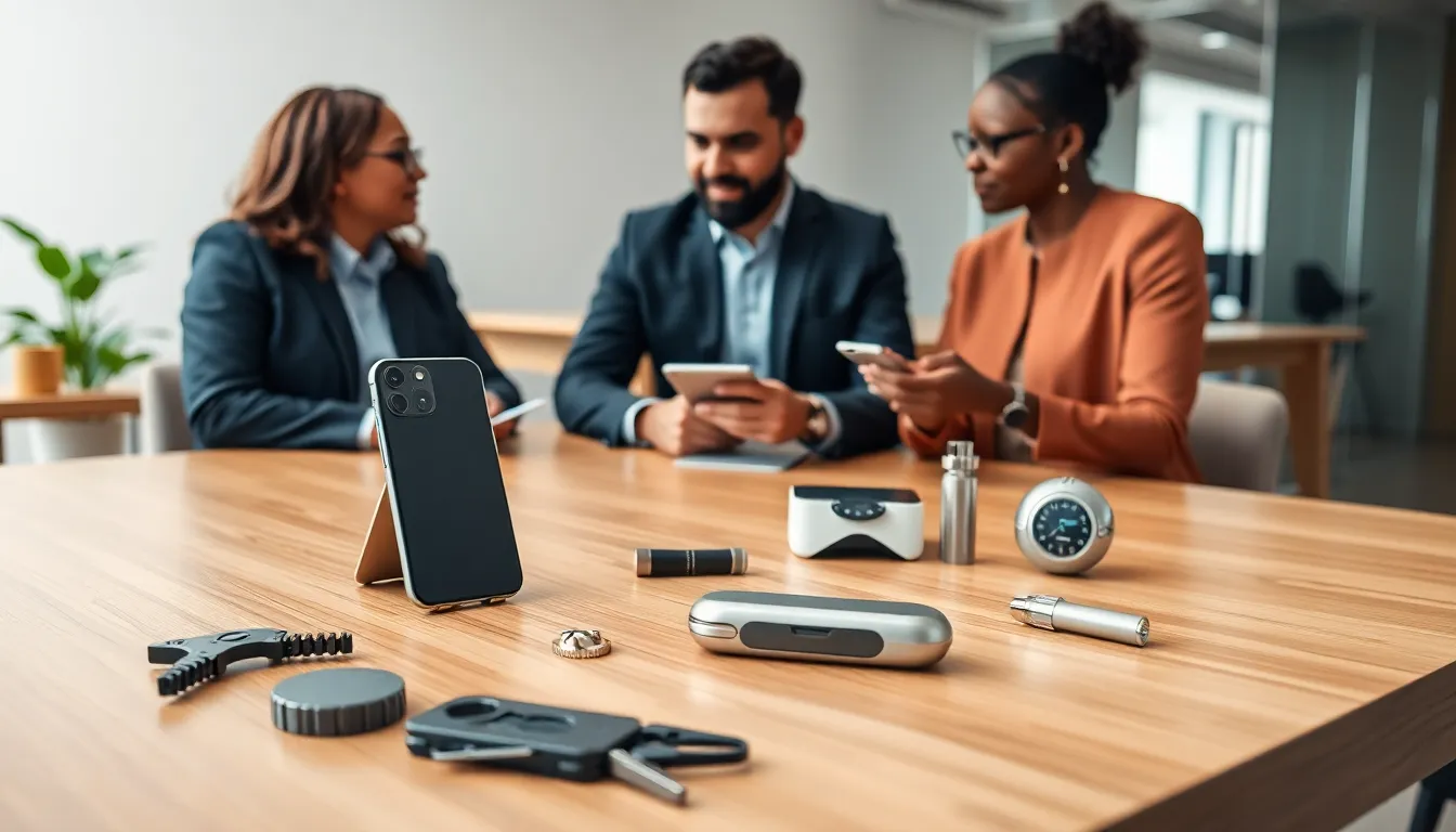 A diverse team discussing penny gadgets in a modern office.