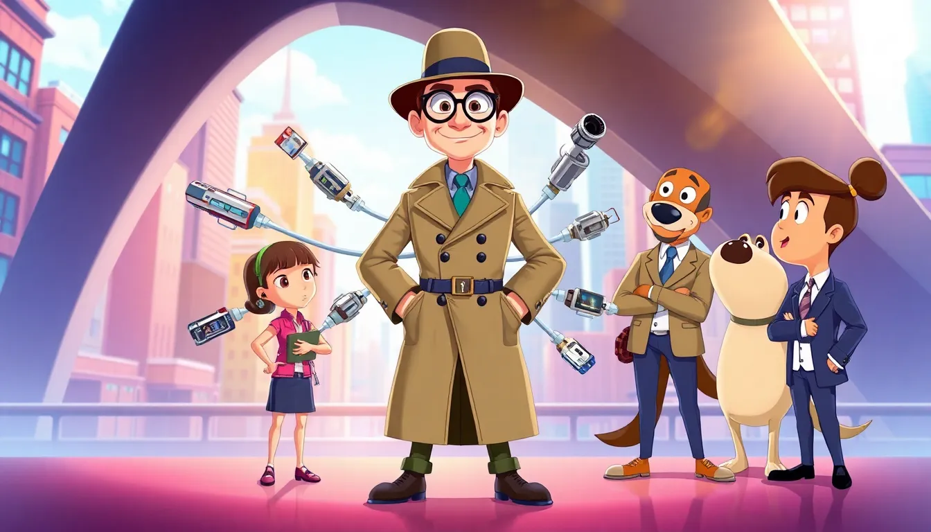 Inspector Gadget with his team in a colorful modern cityscape.