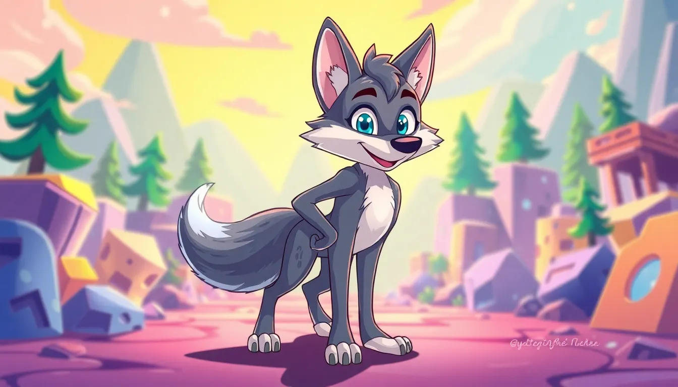 Gadget the Wolf playfully posed in a colorful gaming landscape.