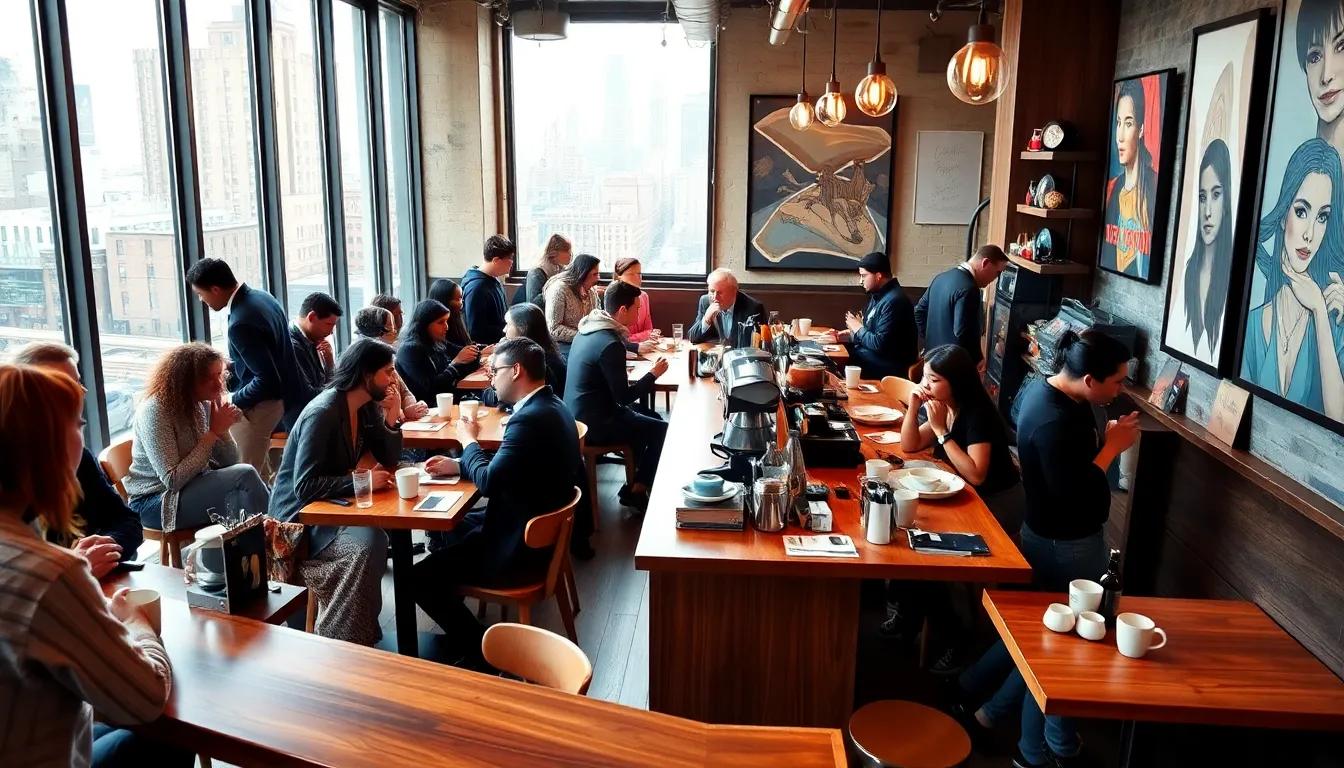 diverse coffeehouse scene capturing NYC's coffee culture.