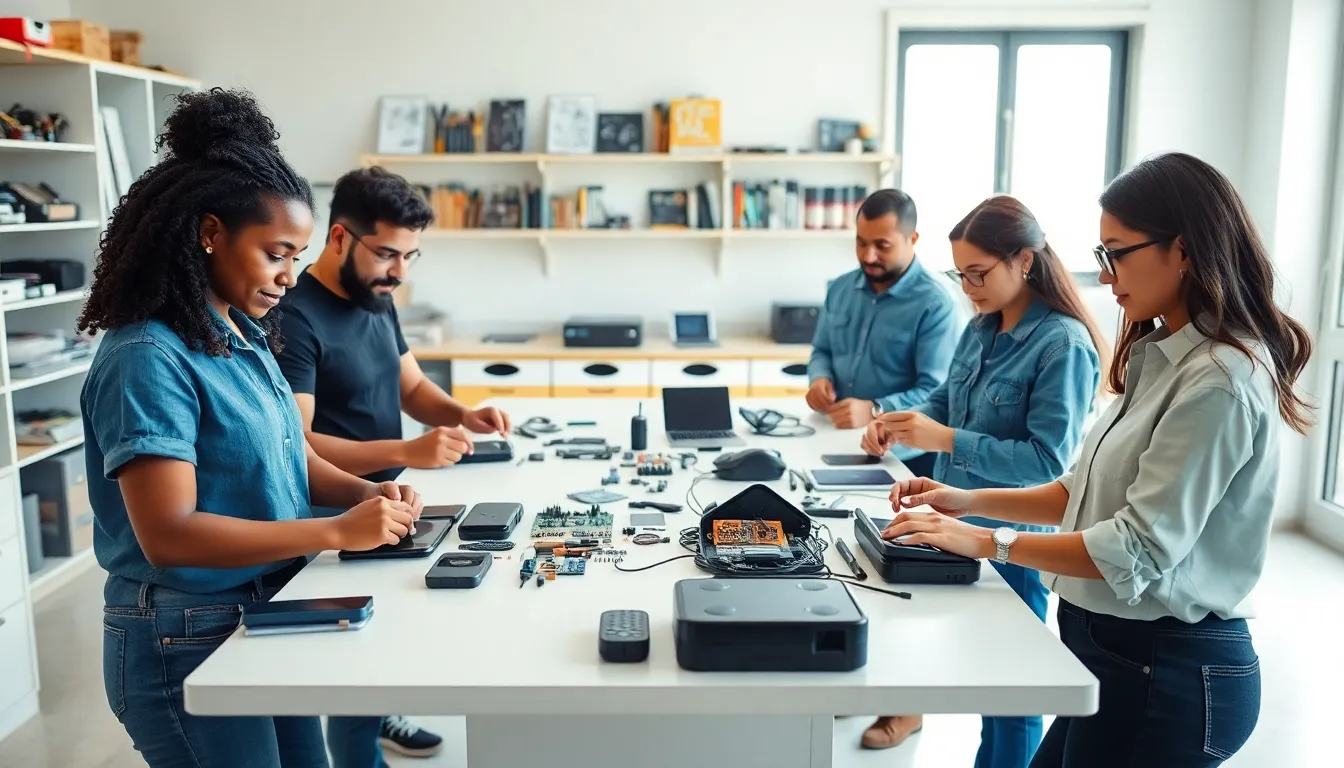 diverse group repairing gadgets in a modern workshop setting.