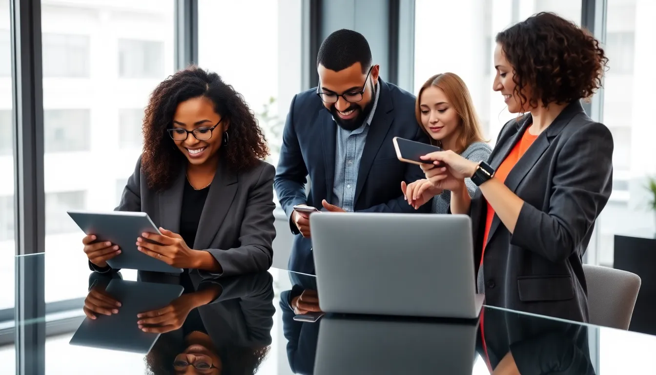 diverse team showcasing gadgets in a modern office.