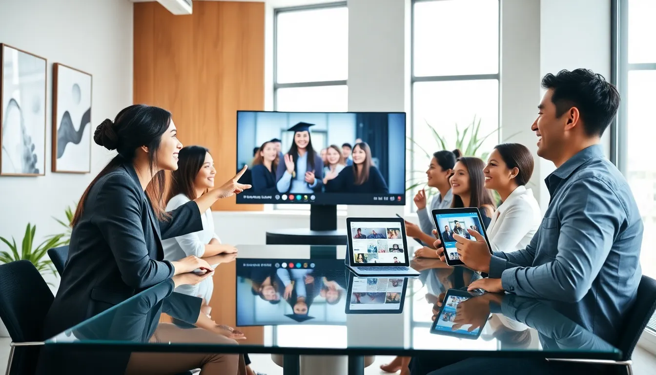 diverse professionals engaged in a video call showcasing connection through technology.