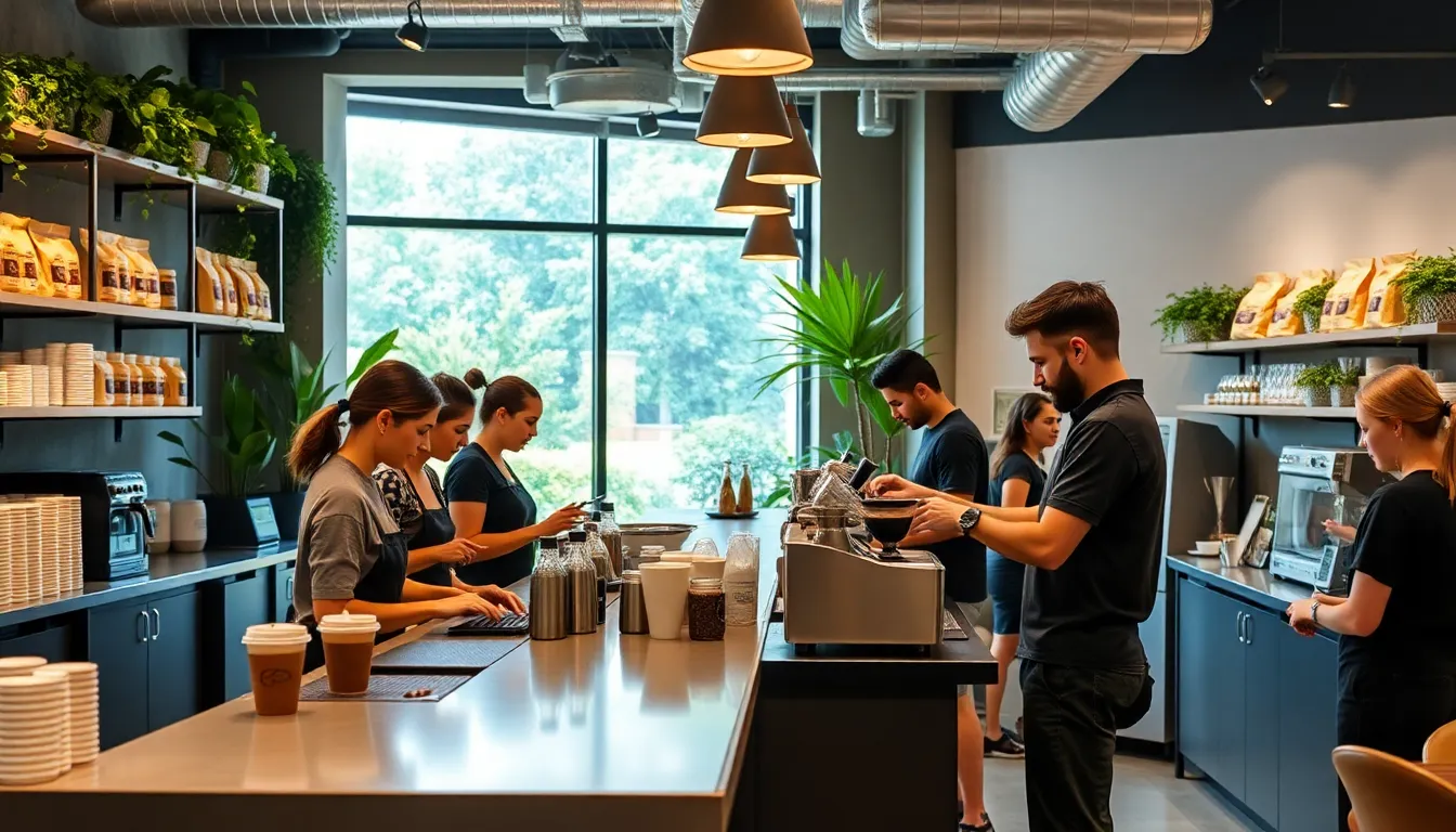 baristas serving specialty coffee in a sustainable coffee shop setting.