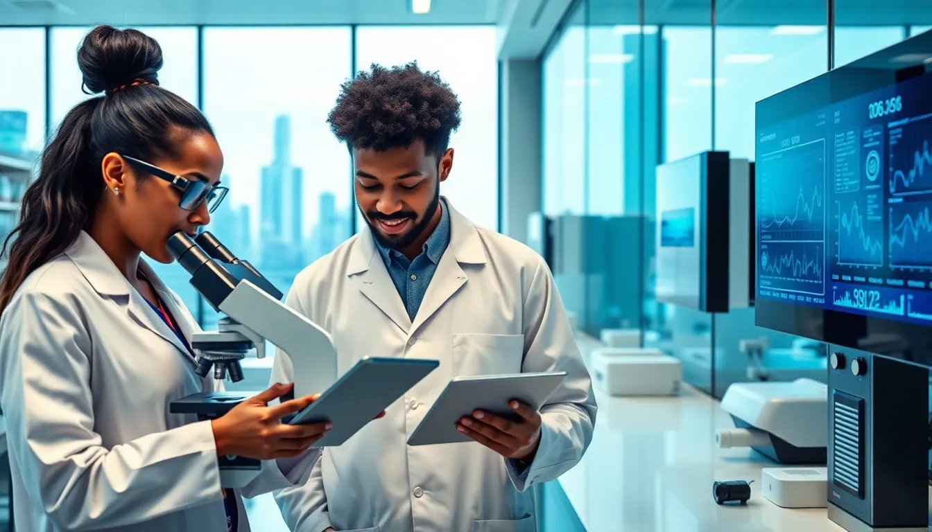 diverse scientists collaborating in a modern biotechnology lab.