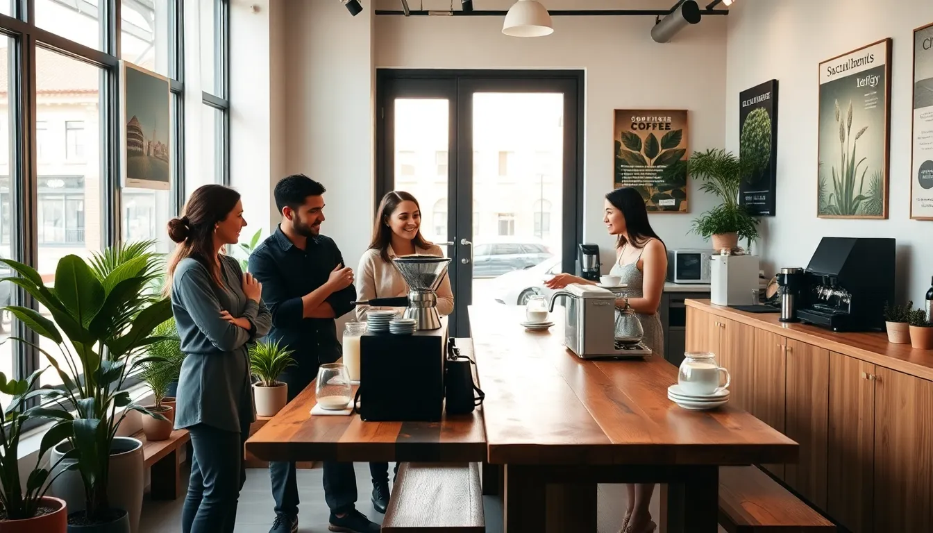 diverse group discussing coffee in a modern café setting.