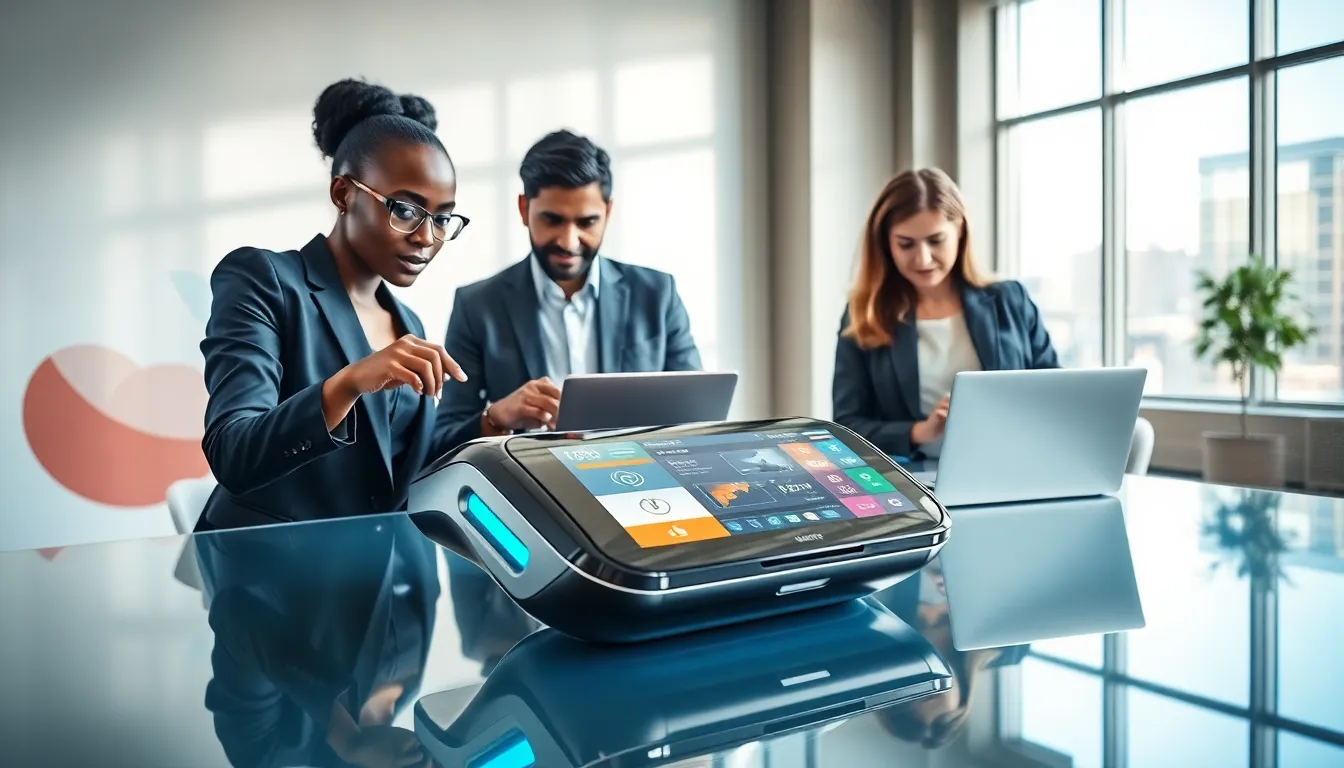 diverse team exploring a high-tech gadget in a modern office.